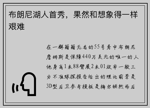 布朗尼湖人首秀，果然和想象得一样艰难