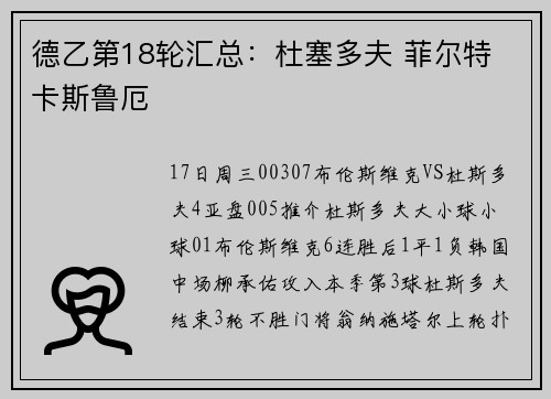 德乙第18轮汇总：杜塞多夫 菲尔特 卡斯鲁厄